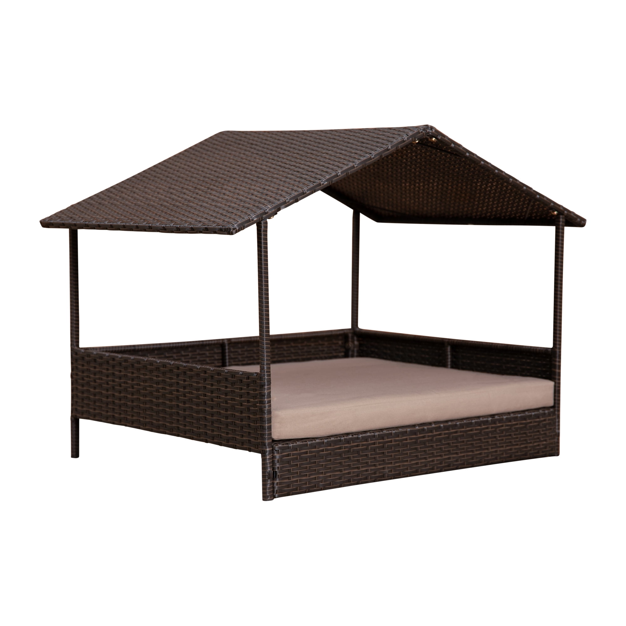 Large Brown Rattan Outdoor Elevated Pet Bed with Canopy