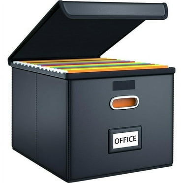 Gijjgole Collapsible Faux Leather Hanging File Folder Box Organizer with lid and Plastic Slides, Black