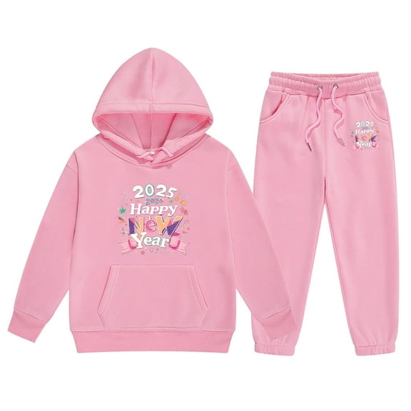 Huowey 2025 New Year Printing Children's Middle and Large Children's Long Sleeved Letter Print Hooded Top Sweater Pants Set