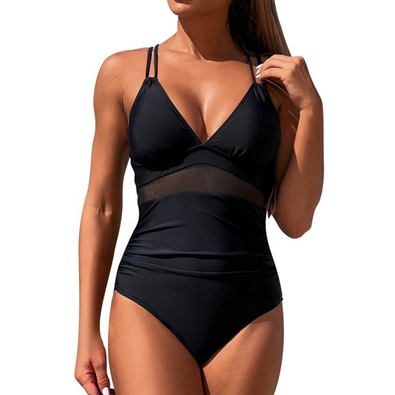 Huowey 2025 Women Solid Color Swimsuit Spaghetti Hollow Monokini Boho Bathing Suit Honeymoon Cruise Trendy Wear