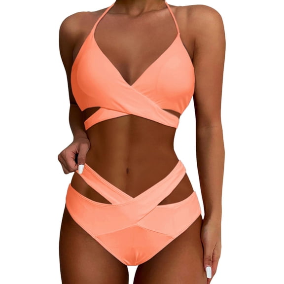 Huowey 2PCS Bikini Sets For Women High Waisted Bikini Push Up Swimsuit Wrap Bathing Suit Brazilian Beachwear Honeymoon Cruise Trendy Wear
