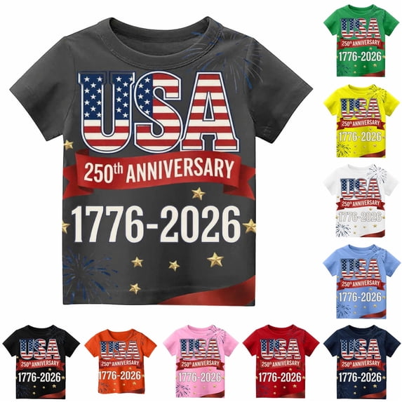 Huowey 4Th Of July Shirts For Kids Boys Toddler Short Sleeve Crewneck Comfort Lightweight Us National Flag Graphic 250 Years Celebrate Anniversary Casual Outdoor Basic Soft Tee Tops,13-14 Years