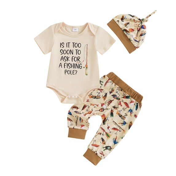 CUZIBR Baby Boy Outfits Baby Romper Outfits Short Sleeve Cute Letter Fishing Print Bodysuit Jumpsuit Elastic Waist Trousers With Hat 3 Piece Set Fo Baby Boy Cute Casual Clothes Set,Brown,3-6 Months