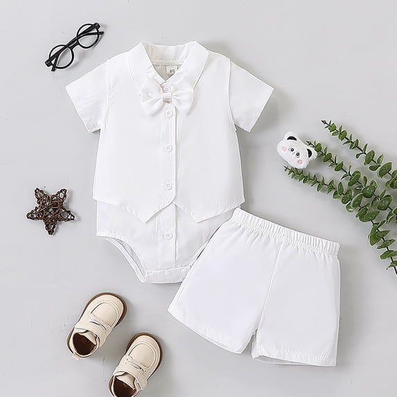 Huowey Baby Boys Formal Romper Set 2 Piece Outfits Solid Color Short Sleeve Button Down Front Bow Tie Jumpsuit And Shorts Summer Casual Soft Breathable Clothes Sets,White,0-3 Months