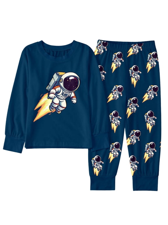 Baby Boys Pajamas Space Graphic Pjs Set Tops And Pants 2 PC Sets Long Sleeve Crew Neck Soft Homewear,Navy,3-4 Years
