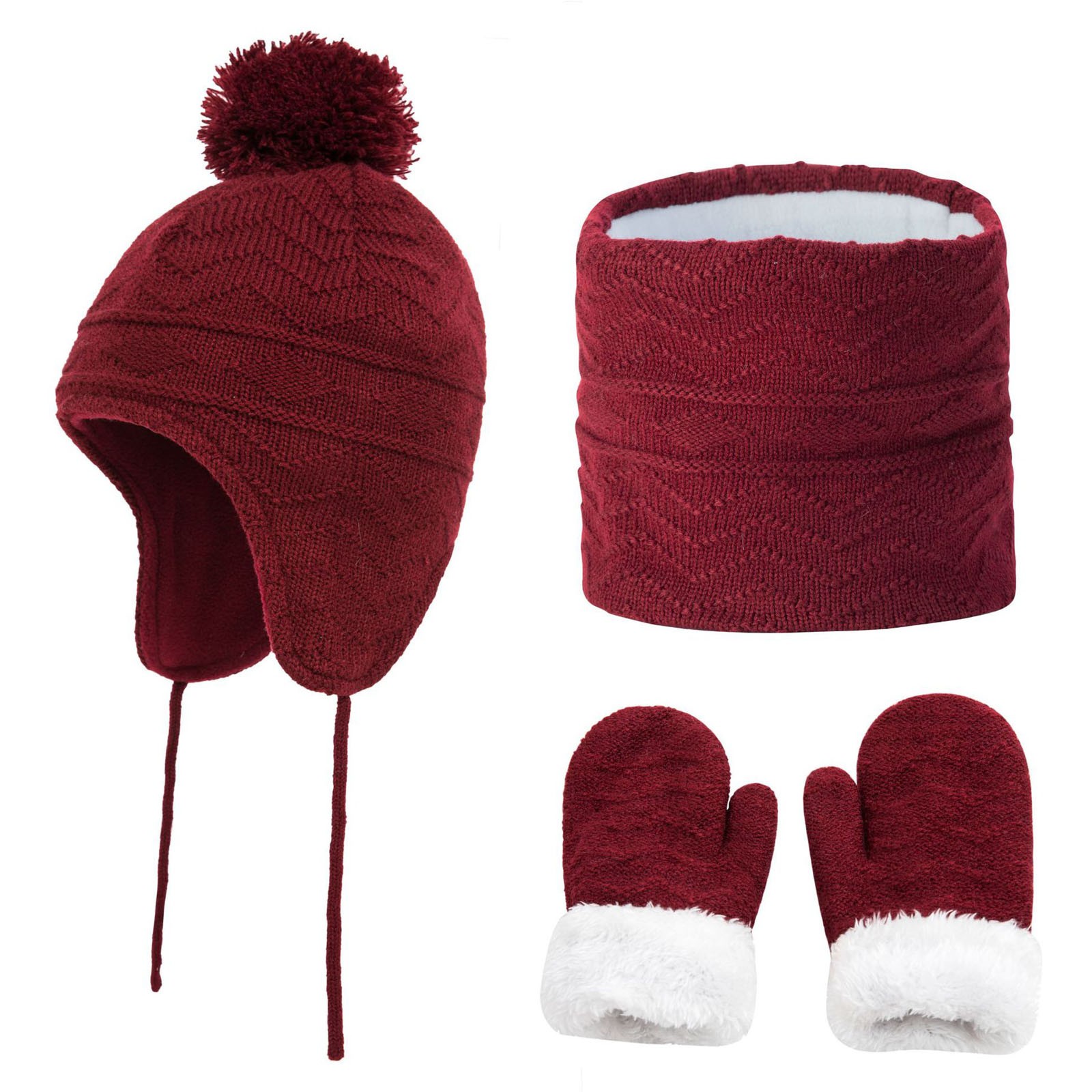 Huowey Baby Chicminie 3-Pcs/Set Children Hat Neck Warp Gloves Set Thickened Print Knitted Heat Retention Windproof Warm Girls Boys Outdoor Scarf Gloves Set Versatile Dailywear, 4-6 Years