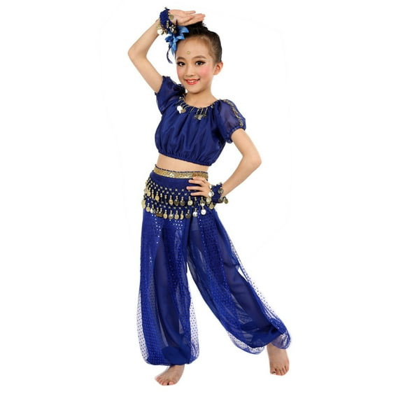 Huowey Baby Children Girls Dance Performance Dress Belly Dance Tops Pants Waist Chain Bracelet Head Flower 5pc Set Outfits Versatile Dailywear, 3-4 Years
