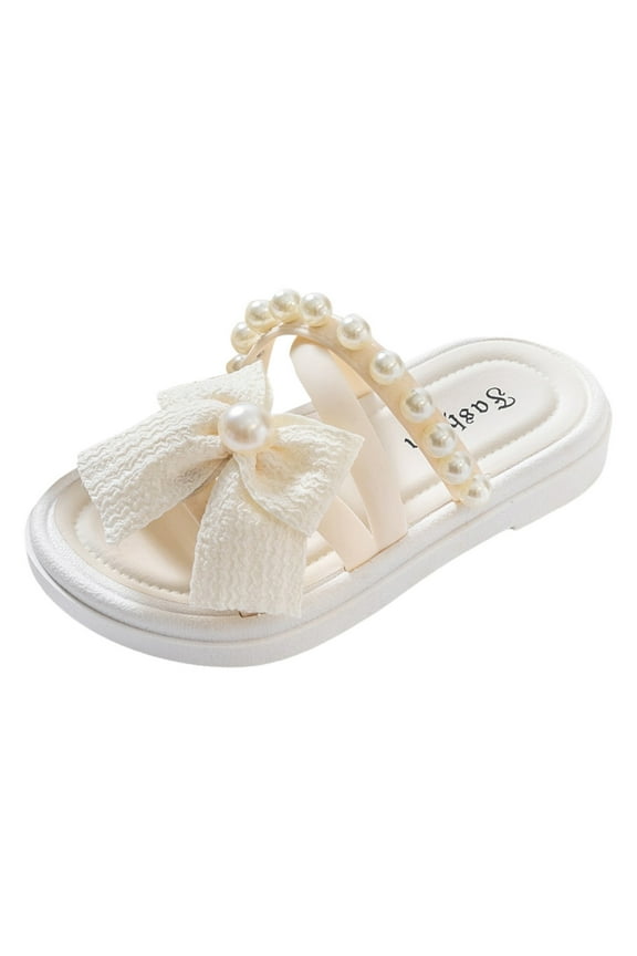 Baby Children Shoes Comfortable Soft Soled Slippers Fashionable Bow Tie Pearl Beach Sandals And Slippers Birthday Footwear, 4.5-5 Years