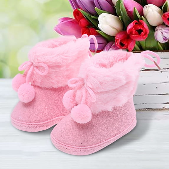 Huowey Baby First Walking Shoes Boy Girl Cute Bow Fuzzy Booties Soft Sole Floor Shoes Fall Winter Warmth Soft Footwear,Pink,0-6 Months