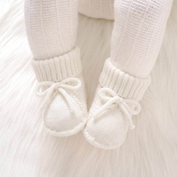 Huowey Baby First Walking Shoes Boy Girl Knit Cute Bow Tie Shoes Soft Sole Floor Sneakers Fall Winter Warmth Lovely Footwear,White,3-6 Months
