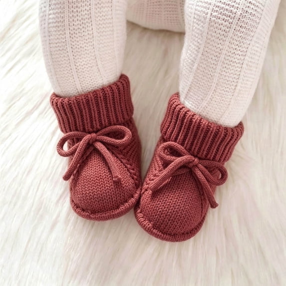 Huowey Baby First Walking Shoes Girl Boy Knit Cute Bow Tie Shoes Soft Sole Floor Sneakers Fall Winter Warmth Soft Footwear,Brick Red,3-6 Months