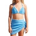 thumbnail image 1 of Huowey Baby Girl Spring Summer Swimsuits Halter Spaghetti Strap V-Neck Beach Solid Color 3 Piece Bikini Set With Ruffled Tie Side High Waist Cover Up Skirts Swimwear Bathing Suit,Blue,9-10 Years, 1 of 5