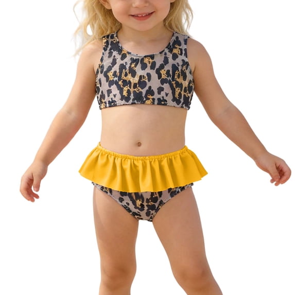 Huowey Baby Girl Summer Toddler 2 Piece Swimsuit Leopard Printed Bikini Sets Round Neck Top Ruffles Elastic Waiast Bottom Fashionable Swimwear Vacation Stylish Pool Beachwear,Yellow,12-18 Months