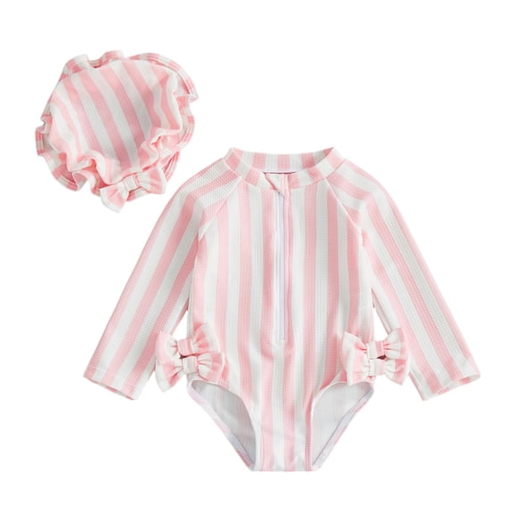 Huowey Baby Girl Swimsuit 2 Piece Swimsuit Rash Guard Stripe Pritn Long Sleeve Onesize Bikini Beachwear Ruffled Round Neck Popular Swimsuit,Pink,12-18 Months