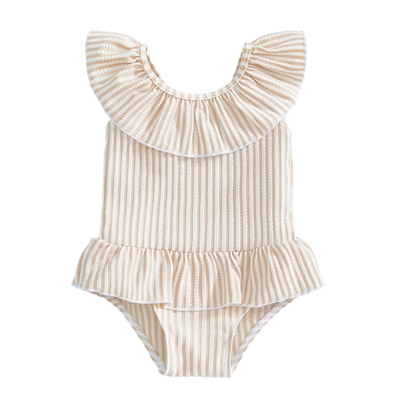 Huowey Baby Girl Swimsuit One Piece Swim Wear Rash Guard Stripe Pritn Onesize Bikini Beachwear Ruffled Round Neck Pool Beach Travel Swimwaer Holiday,Khaki,12-18 Months