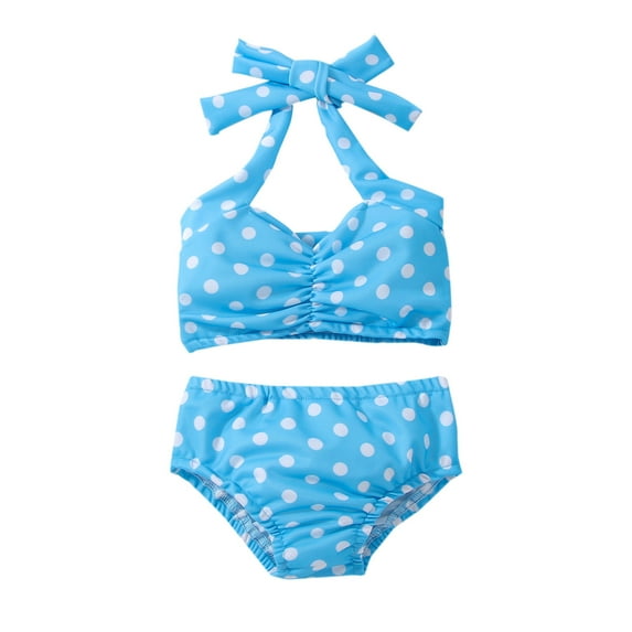 Huowey Baby Girl Swimsuit Ruffled Halter Neck Bow Stylish Polka Dot Bikini Set Beach Wear 2 Piece Sun Protection Bathing Suit,Sky Blue,0-6 Months