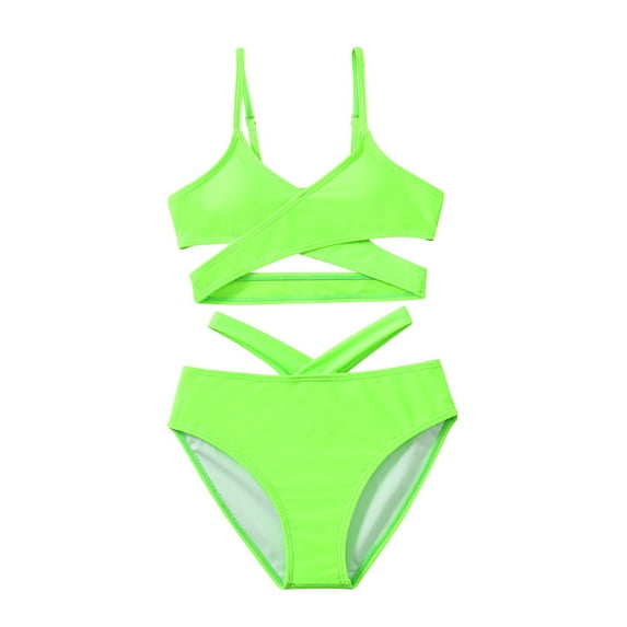 Huowey Baby Girl Swimsuit Two Piece Swimsuit Solid Adjustable Strap Criss Cross Bikini Set Fashion Stylish Beach Swimwear,Green,8-9 Years