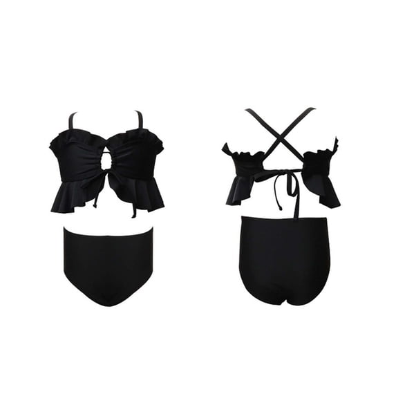 Huowey Baby Girl Two Piece Swimwear Fashionable Solid Color Cros Strap Off The Shoulder Ruffled Tiered Tie Back Crop Top High Waist Bottom Tankini Swimsuit Comfortable Beachwear,Black,8-9 Years