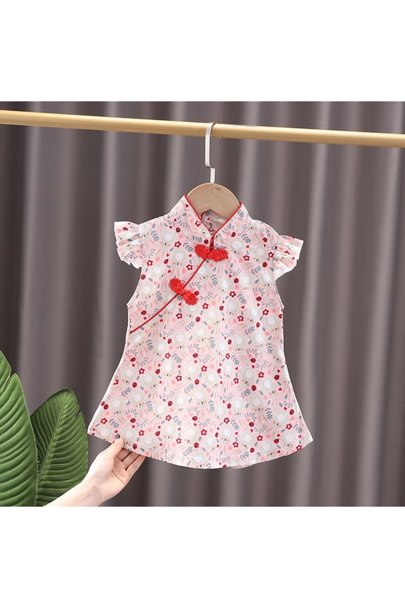Baby Girls Cheongsam Dress Ruffled Sleeveless Mandarin Collar Floral Print Button Down A-Line Summer Breathable Fashionable Party Dress Traditional Qipao Outfits,Pink,3-4 Years