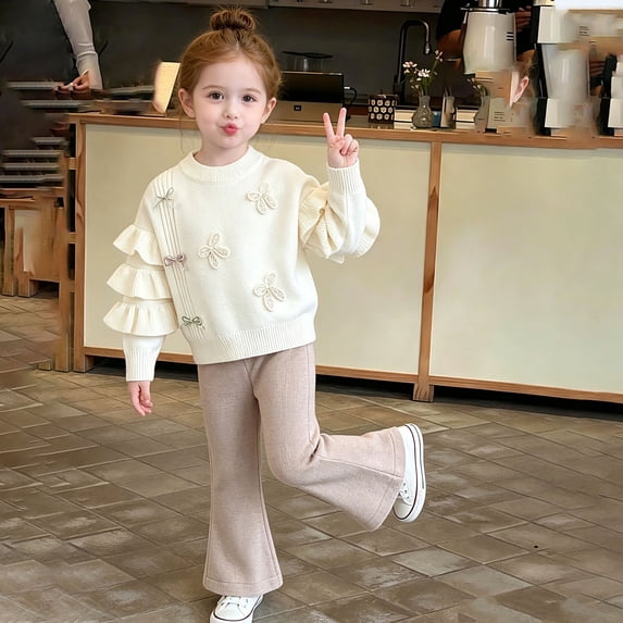 Huowey Baby Girls Clothes Fall Outfits Long Sleeve Ruffles Sweatshirt And Pants 2 PC Set Elastic Waist Loose Fit Bow Solid Color Winter School Outdoor Casual Daily Wear Leisure Outfit,White,4-5 Years
