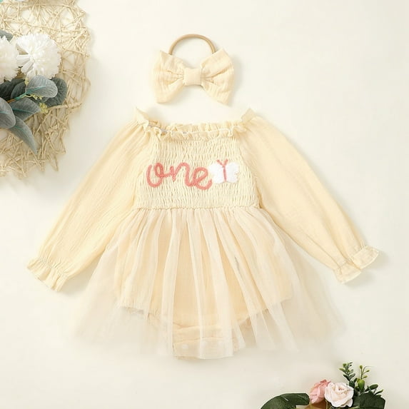 Huowey Baby Girls Easter Dress Long Sleeve Smocked Letter Butterfly Embroidery Lace Ruffle Bodysuit Tutu Layering Outfit Soft Basic Dresses Withheadband Sets Daily Wear,Beige,9-12 Months