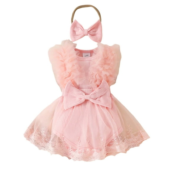 Huowey Baby Girls Lace Sleeveless Ribbed Romper Bodysuits Dress Headbands Set Onesie One-Pieces Versatile Dailywear, 0-3 Months