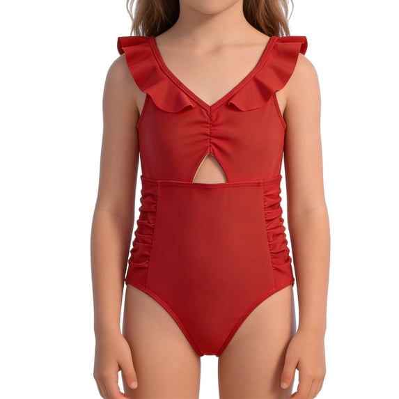 Huowey Baby Girls Onepiece Swimsuit Ruffles Trim V-Neck Fashionable Hollow Out Ruched Solid Color High Waist Casual Tankini Bathing Suit Tummy Control Summer Stylish Beachwear Swimwear,Red,7-8 Years