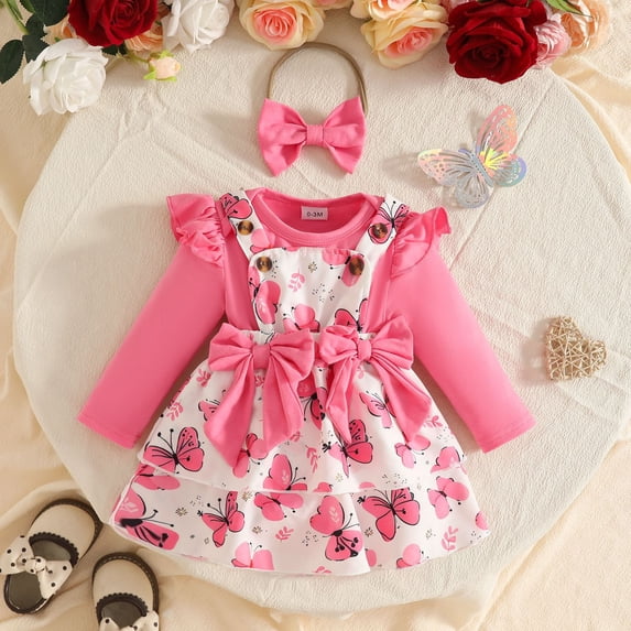 Huowey Baby Girls Overalls Outfits Graphic Long Sleeve Ruffles Bodysuit,Suspender Skirt,Headband 3 PC Set Bow Birthday Party Photo Fall Winter Lovely Outfit,Pink,9-12 Months