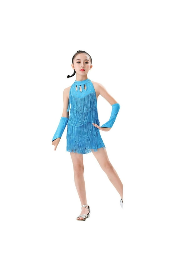 Baby Girls Performance Latin Dance Jumpsuit Training Fringe Skirt Competition Versatile Dailywear, 6-7 Years