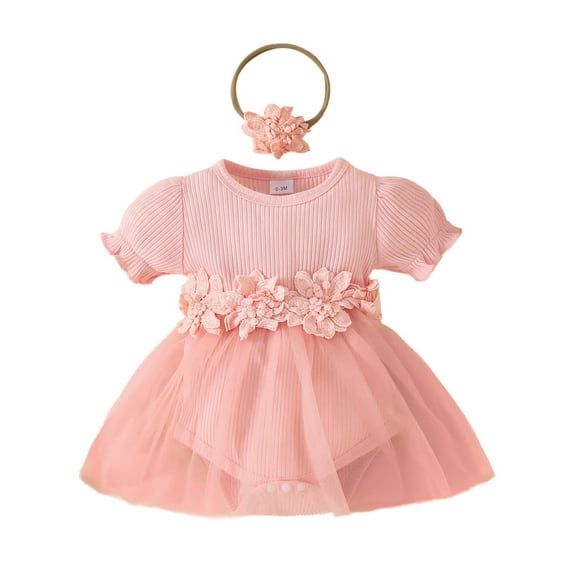 Huowey Baby Girls Short Sleeve Ribbed Floral Romper Bodysuits Dress Stylish Dailywear, 9-12 Months