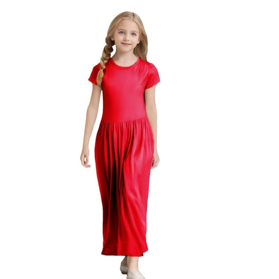 Huowey Baby Girls Short Sleeve Solid Color Loose Casual Long Maxi Dress With Pockets Birthday Dailywear, 5-6 Years