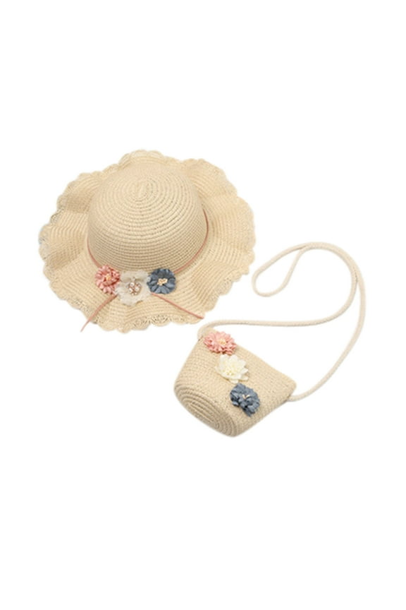 Baby Girls Sun Hats Girls Straw Hat Purse Bag Set Wide Brim Flower Summer Beach Sun Hat Princess Shoulder Crossbody Bag Safari Hat,Beige,One Size