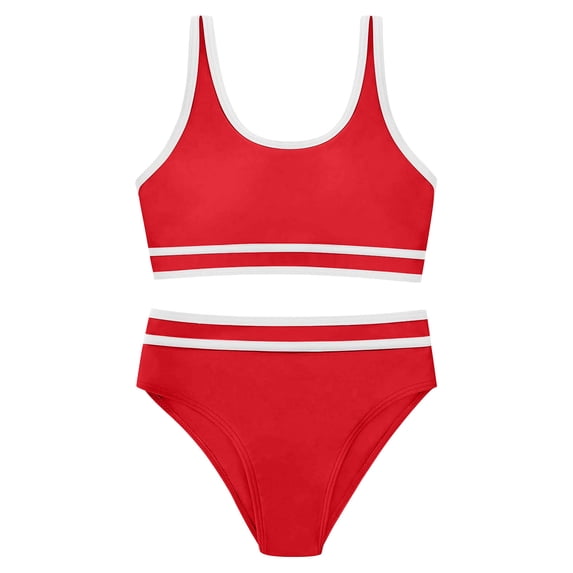 Huowey Baby Girls Swimsuit Fashionable Color Block Spaghetti Strap Scoop Neck Tops High Waist Bikini Set Casual Two Piece Summer Stylish Bathing Suit Breathable Cozy Beachwear,Red,9-10 Years