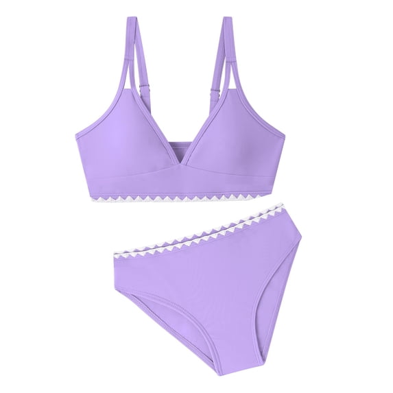 Huowey Baby Girls Swimsuits Spaghetti Strap Tankini Two Piece Bathing Suit Front Cross Solid Color V-Neck High Waist Tie Side Bikini Set Ribbed Stylish Cozy Breathable Swimwear,Purple,7-8 Years