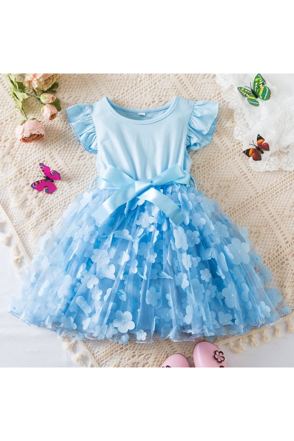 Baby Girls Toddler Dresses Ribbed Striped Ruffles Long Sleeve Casual Floral Print Patchwork Button Down Crewneck Ruffles Pleated Sundress Summer Breathable Party Dailywear,Blue,3-4 Years