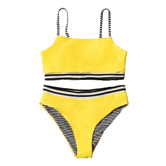 Huowey Baby Girls Two Piece Swimsuit Spaghetti Strap Square Collar Cute Solid Color High Waist Striped Bikini Swimwear Beach Pool Party Summer Bathing Suits Stylish Beachwear,Yellow,13-14 Years