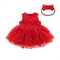 thumbnail image 1 of Huowey Baby Girls Tutu Dress Lace Flower Embroidery Solid Color Sleeveless A-Line Round Neck Cute Bow Mesh Tulle Dresses With Headband Set Summer Elegant Clothes Outfits,Red,0-3 Months, 1 of 2