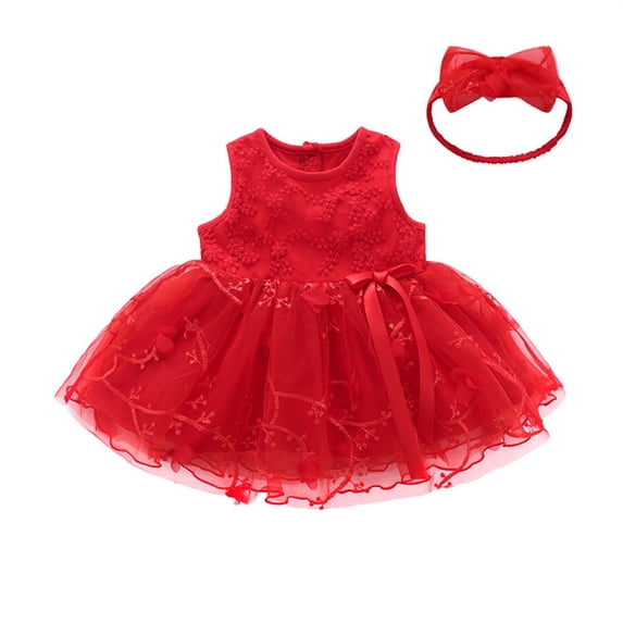 Huowey Baby Girls Tutu Dress Lace Flower Embroidery Solid Color Sleeveless A-Line Round Neck Cute Bow Mesh Tulle Dresses With Headband Set Summer Elegant Clothes Outfits,Red,0-3 Months