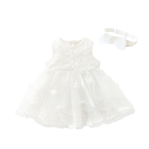 Huowey Baby Girls Tutu Dress Lace Flower Embroidery Solid Color Sleeveless A-Line Round Neck Cute Bow Mesh Tulle Dresses With Headband Set Summer Elegant Clothes Outfits,White,6-9 Months
