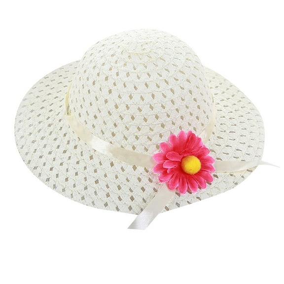 Huowey Baby Sun Hats Flower Summer Straw Hat Wide Brim Floppy Beach Sun Visor Outdoor Adjustable For Children Safari Hat,Beige,One Size