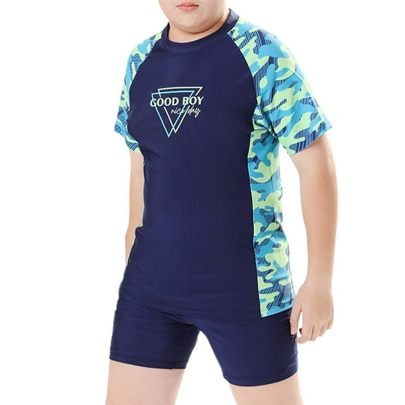 Huowey Baby Swimsuit Boys Patchwork Swimwear Set Camouflage Letter Print Shirt Trunks 2 Piece Outfit For Teens Pool Beach Travel Swimwaer Holiday,Blue,6-7 Years
