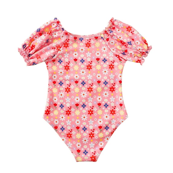 Huowey Baby Swimsuit Girl One Piece Swimwear Floral Print Round Neck Short Ruffle Sleeve Bikini Swimsuit Beach Swimwear,Pink,7-8 Years