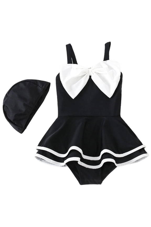 Baby Swimsuit Onesize Swimsuit Dress Spaghetti Strap Cute Bow Ruffle Beachwear With Hat Stylish Sun Protection Bathing Suit,Black,4-5 Years