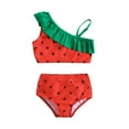 thumbnail image 1 of Huowey Baby Toddler 2 Piece Swimsuit One Shoulder Ruffles Ruched Watermelon Print Adjustable Strap Asymmetrical Neck Swimwear Bathing Suit Tummy Control Full Coverage Beachwear,Red,18-24 Months, 1 of 6