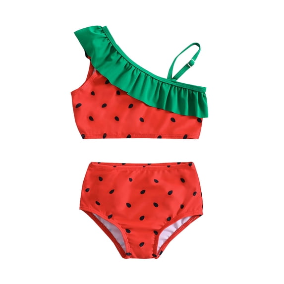 Huowey Baby Toddler 2 Piece Swimsuit One Shoulder Ruffles Ruched Watermelon Print Adjustable Strap Asymmetrical Neck Swimwear Bathing Suit Tummy Control Full Coverage Beachwear,Red,18-24 Months