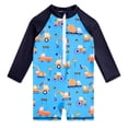 thumbnail image 1 of Huowey Baby Toddler Boys Rash Guard Swimsuit Long Sleeve Zip Up Mock Neck Color Block Striped Short Bodysuit Jumpsuit With Hat Soft Swimwear Summer Beach Pool Bathing Suit,Navy,0-3 Months, 1 of 5