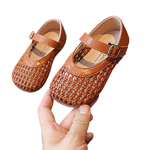 Huowey Baby Toddler Girls Dress Shoes Solid Color Hollow Out Knitted Lightweight Mary Jean Sandals Adjustable Strap Breathable Summer Comfort Shoes For Youth Casual Footwear,Brown,12-12.5 Years