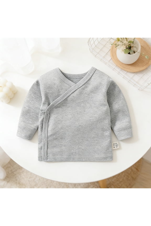 Baby Toddler Long Sleeve Tops Shirts V-Neck Solid Color Side-Snap Button Down Tee For Kids Gentle Soft Summer Lightweight Boys Girls Kimono Tee Shirts Fashionable Dailywear,Grey,