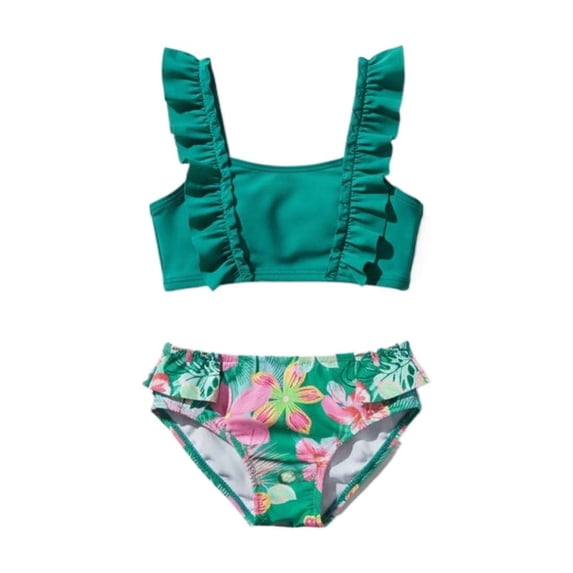 Huowey Baby Toddler Two Piece Tankini Swimsuit Flower Print Ruffles Strap Tankini Set Beachwear High Waist Bikini Set Beach Pool Swim Suit Fashionable Spring Summer Beachwear,Green,5-6 Years