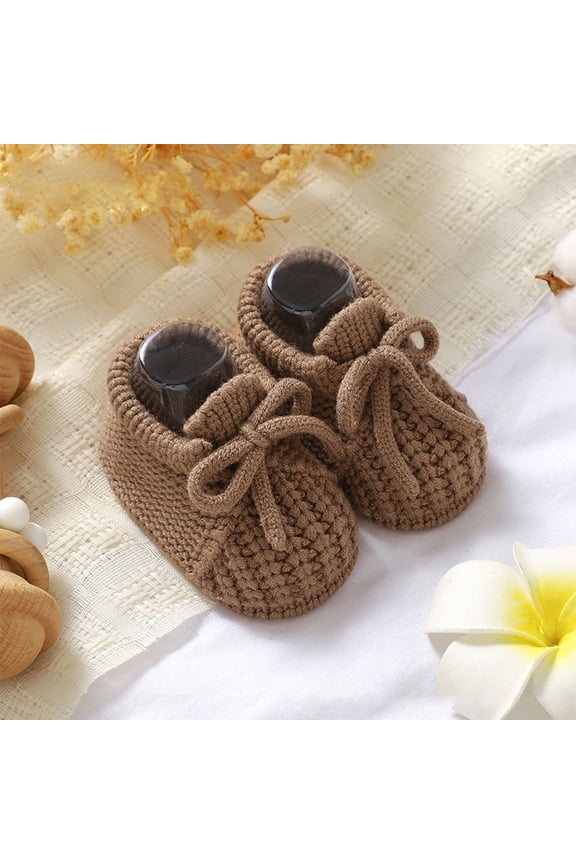 Baby Toddler Walking Shoes Solid Color Lace Up Knitted Soft Sole Booties Indoor Outdoor Breathable Cozy Crochet Crib Slippers Fashionable Slipper Barefoot Shoes,Coffee,9-12 Months